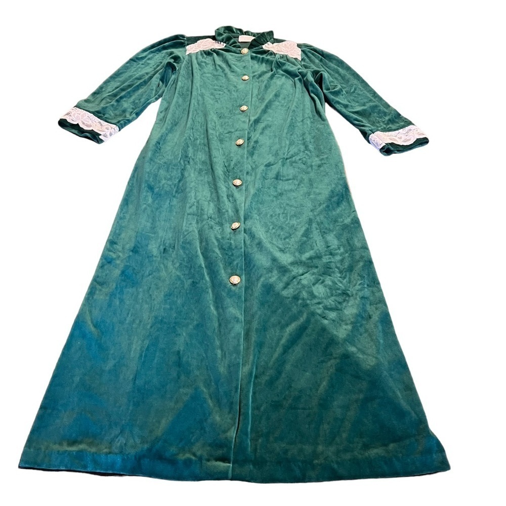 Miss Elaine Women’s Green Long Button Front Robe Velvety Lace Trim Size Small
